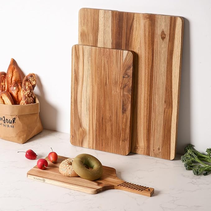 YUSOTAN Teak Wood Cutting Board Set of 3 for Kitchen, Thick Chopping Board, Large Wooden Cutting Board Set, Wooden Trays for Turkeys, Meat, Fruit and Cheese