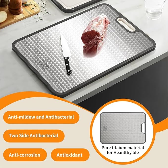 Titanium Cutting Board for Kitchen - Dual Sided Large Cutting Board with Titanium Surface & Wheat Straw PP Back, Dishwasher Safe, Includes Stainless Steel Finger Guard, Christmas Gift for Women & Mom