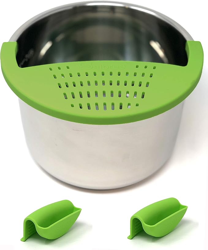 Salbree Silicone Snap Strainer fits the 6qt Instant Pot and Snaps to the 6 quart Instapot Pressure Cooker Inner Pan Small Mitts Set Included, for Straining Vegetable and Ground Beef Grease (green)