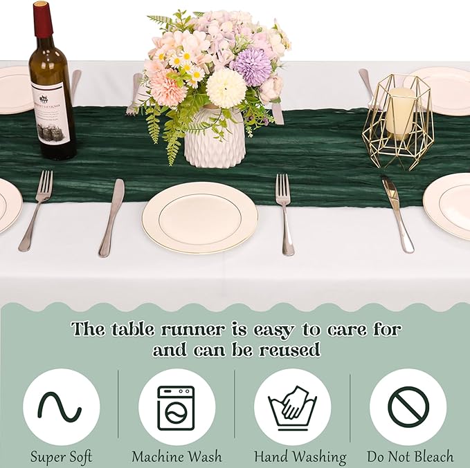 10 Pack Dark Green Cheesecloth Table Runner 6FT Boho Gauze Fabric Table Runner Vintage Rustic Sheer Runners for Wedding Party Bridal Baby Shower Long Table Decorations