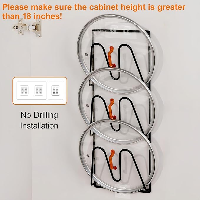 2 Pack Pot Lid Organizer for Cabinet Door, 3-Tier Stainless Steel Wall-Mounted Rack, Rustproof, Anti-Slip, No Drilling, Kitchen Storage Holder