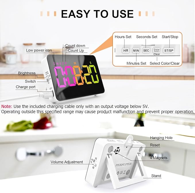 Kitchen Digital Timer, Count Down Up, Rechargeable, Vibration Mode Adjustable Volume and Brightness LED Display, Time Management Cook, Desk, Kids Adults Study Teaching, Kitchen Gadgets RGB