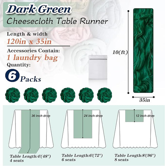 Dark Green Cheesecloth Table Runner 6 Pack 35" Boho Gauze 120 inches Long Runner Rustic Sheer Fabric Bulk for Baby Shower Wedding Bridal Birthday Party Table Decorations