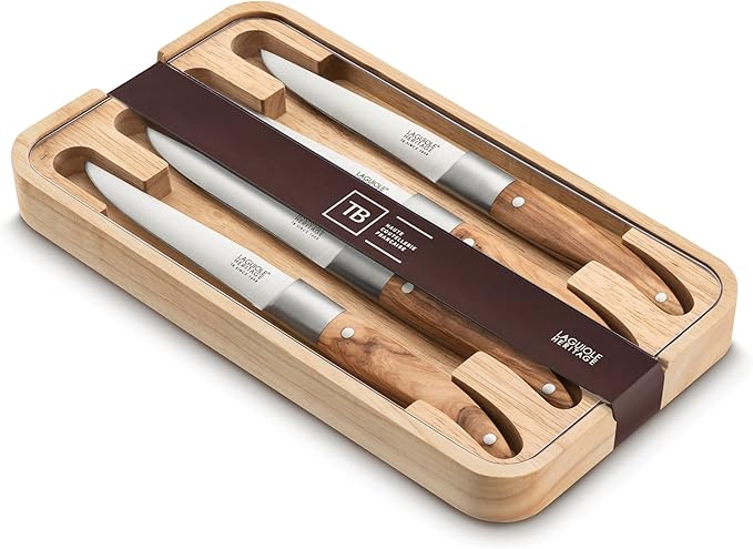 Laguiole Heritage Steak Knife Set; Premium Stainless Steel Blades, Full Tang Construction; Ergonomic Olive Wood Handles; Razor-Sharp, Timeless Luxury & Precision; Light Wood, Set of 4