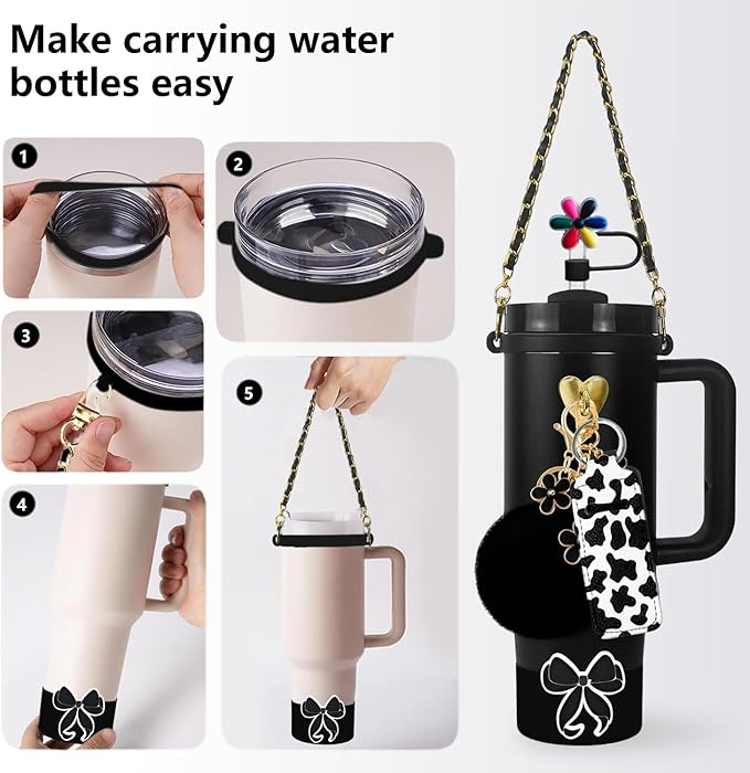 Accessories Set Including Water Bottle Handle Strap, Silicone Boot, Resin Butterfly Straw Cover, Straw Topper, Lip Balm Sleeve, Butterfly & Hairball Charms for Stanley Cup Tumbler