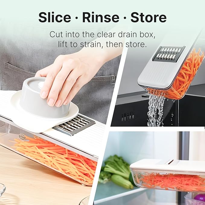 Mandoline Slicer for Kitchen with Drain Box, 6-in-1 Handheld Vegetable Slicer for Salad Prep, Cucumber & Cabbage Slicer with Safety Guard, Upgraded Long Handle Veggie Slicer for Easy Cleaning