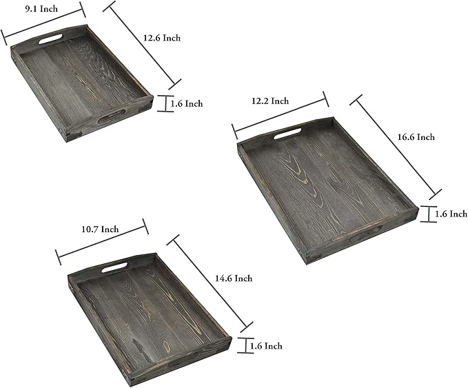 Owlgift Vintage Grey Wood Serving Trays with Brass Metal Wrap Accents, Set of 3