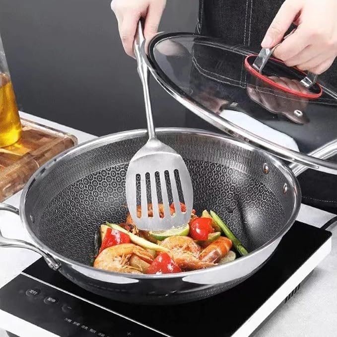 Moksha LifeStyle Honeycomb Wok 12 inch Pan with Lid, nonstick stir fry with silicone handles, Hybrid stainless steel cooking frying pan, dishwasher safe.