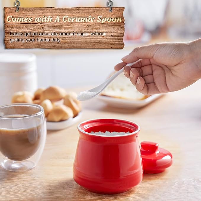 Sugar Bowl with Lid and Spoon, 12 oz Ceramic Sugar Bowl with Spoon, Sugar Container for Coffee Bar, Sugar Jar Sugar Dispenser Bowl, Red Kitchen Decor and Accessories
