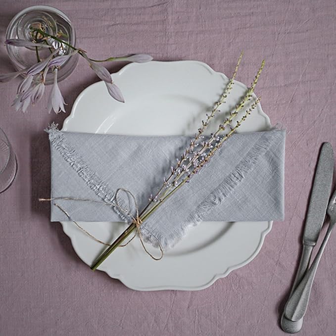 Handmade Cloth Napkins 100% Cotton Napkins with Fringe，Delicate Handmade Cloth Napkins for Dinners, Parties, Weddings and More，18 x 18 Inch Set of 6 - Light Grey