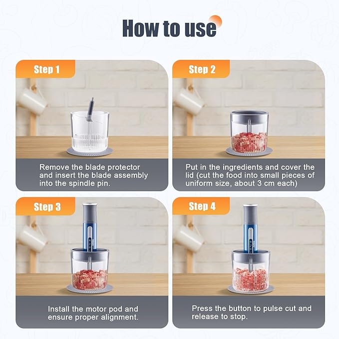 Kawu Electric Meat Grinder, Portable Food Vegetable Chopper with 1 Glass Bowl & Small Bowls, USB Rechargeable Mini Food Processor with Stainless Steel Blades, Meat Chopper Cutter for Home and Kitchen