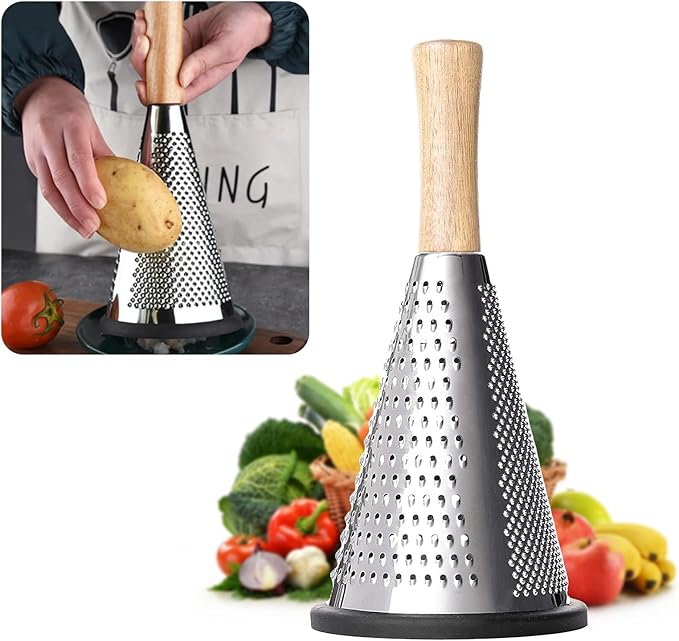 Cone Cheese Grater, 9.6 Inch Stainless Steel Grater and Zester Multifunction Graters with Wood Handle Parmesan Shaver for Cheese, Vegetables, Kitchen Use, 11×11×25.4CM