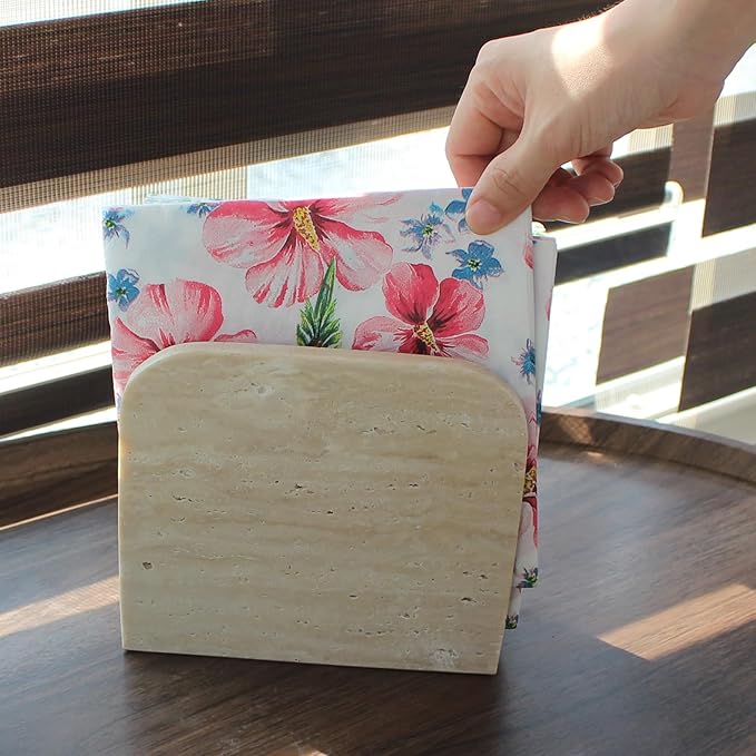Natural Travertine Napkin Holder for Table, Standing Napkin Dispenser for Kitchen Dining Farmhouse Cocktail Picnic Bar 6.3x5.5x2.8 inches