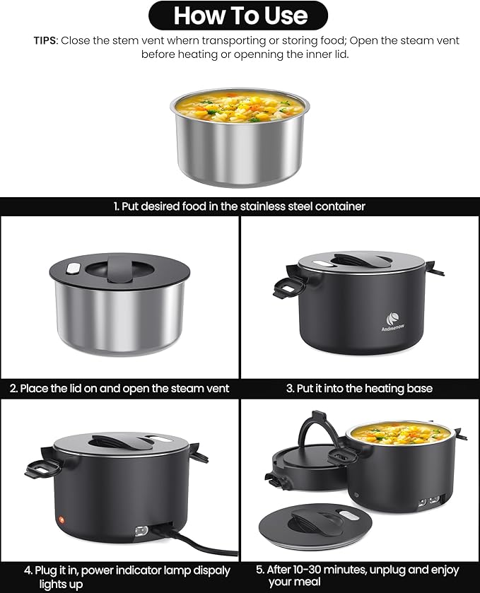 Portable Electric Lunch Box, 33 Ounce Food Warmer Cooker,12/24/110V Upgraded Heated Lunch Box for Car/Truck/Office Ideal Men & Women's Gifts,Warming Soup,Meal,Spill-Free,100W,Black