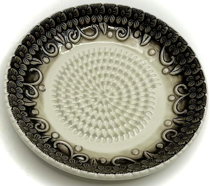 All-in-one Premium Ceramic Garlic Grater Plate 4-Piece Set - Black Embossed Design and Style - For Garlic, Ginger, Chocolate, and more! - Comes with 5.25" Plate, Peeler, Brush, and Stand