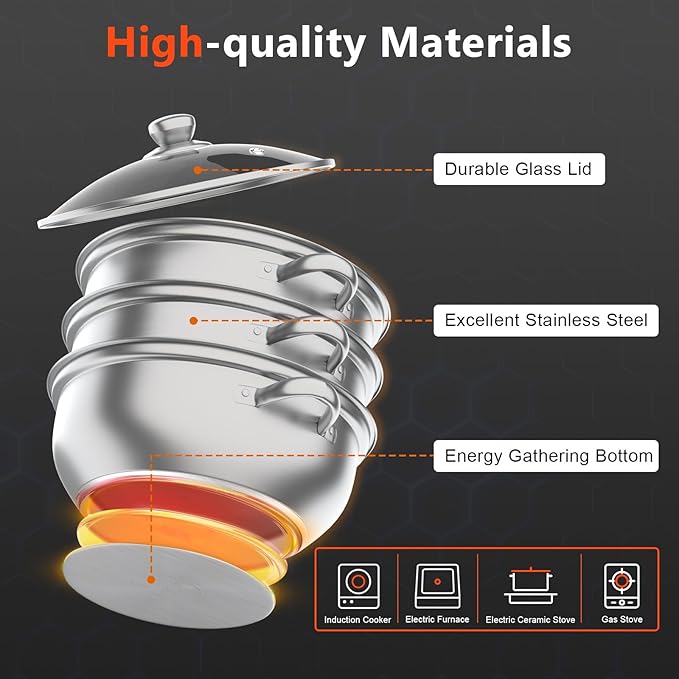 3-Tier Stainless Steel Steamer Pot, Large Capacity Food Steamer for Stove, Multi-Layer Stackable Cooking Steam Pot Kitchen Cookware with Glass Lid for Induction/Gas/Electric Stoves (12.8 Inch)