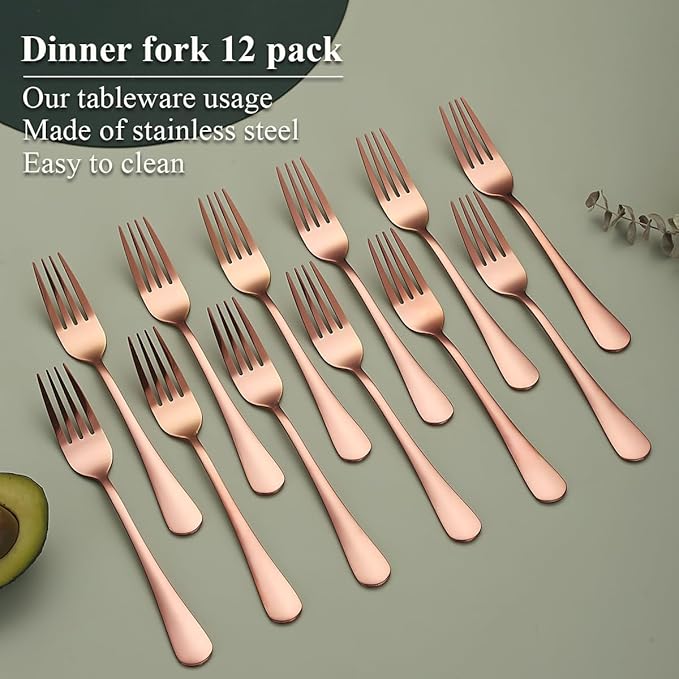 Evanda Rose Gold Dinner Fork 12 Pieces, Rose Gold Titanium Plating Stainless Steel 8.07inch Forks, Cake Forks, Table Forks,Dessert Forks, Easy To Clean, Dishwasher Safe