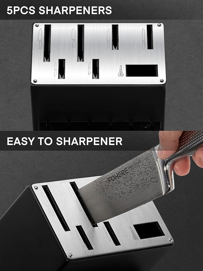 Knife Block Set, FOHERE Knife Set with Advanced Self Sharpening Technology, 14 Pieces Waved Texture Kitchen Knife Set, Stainless Steel Knife Set with Block, Sharp Knives with Non-slip Ergonomic Handle