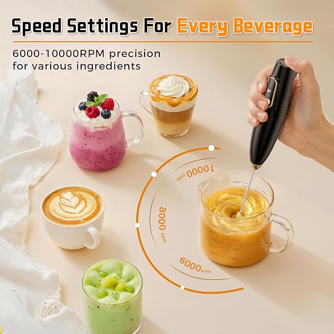 Frother for Protein Powder - Rechargeable Milk Frother with Stand, Handheld 3-Speed Coffee Frother, Dual Spring Whisk Electric Wand Drink Mixer for Kitchen