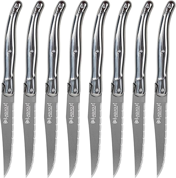 Laguiole Style Steak Knives Set of 8, Serrated Stainless Steel Steak Knife Set, Elegant French Design, Dishwasher Safe, Gift Box for Dinner & BBQ (sliver-8)