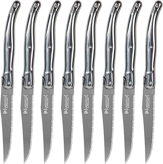 Laguiole Style Steak Knives Set of 8, Serrated Stainless Steel Steak Knife Set, Elegant French Design, Dishwasher Safe, Gift Box for Dinner & BBQ (sliver-8)