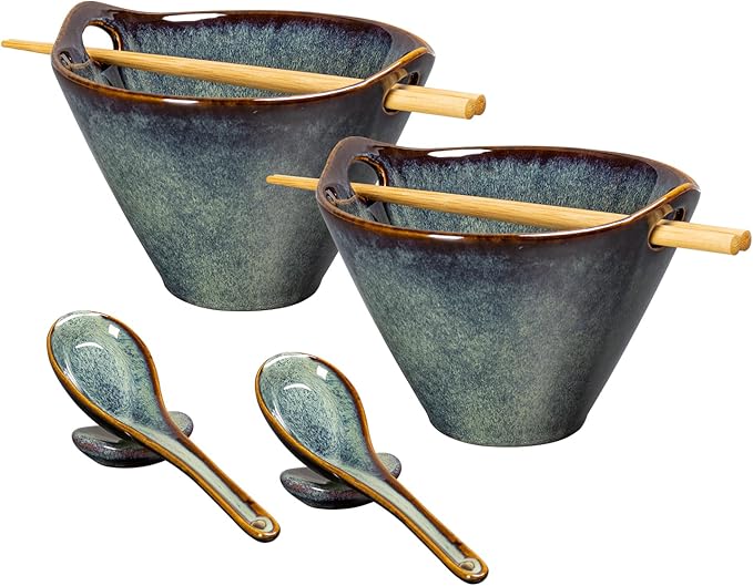 UNICASA Japanese Ramen Bowl Set with Chopsticks, Spoons and Rests, 20oz Deep Porcelain Noodle Bowl Set of 2 for Udon, Pho, Salad, Soup (Reactive Green)