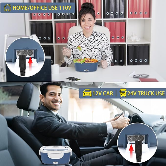 Electric Lunch Box Food Heater - 3 in 1 Portable Leakproof Heated Lunch Box for Car/Home/Adults with 1.5L Removable 304 Stainless Steel Container, 60-80W, 12V/24V/110V(Grey Blue)