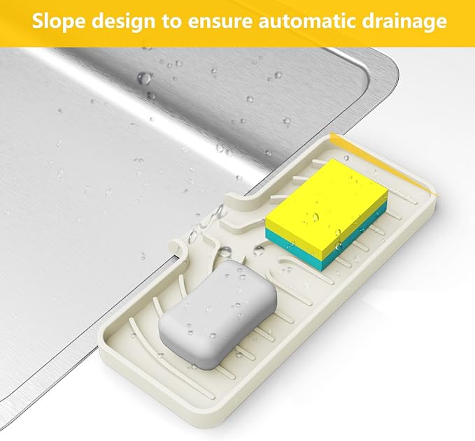 Sponge Holder for Kitchen Sink, Soap Tray for Sink & Counter, 9.8"×4.9" Soap Dish Mat, Silicone with Drain, Perfect for Dispenser, Scrubber, Bottle, Cup (Cream)