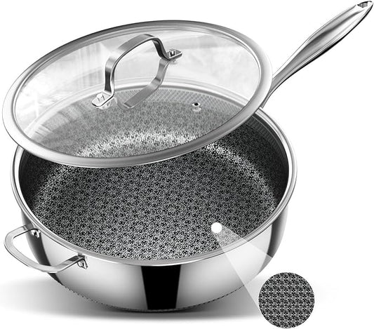 KURRUNGIE 5 Qt Sauté Pan with Lid, 10-inch 5 Ply Stainless Steel Sauce Pan with Lid, Non Stick Frying Pans, Cooking Pot Deep Frying Pan Non-Toxic, For Induction, Oven, Dishwasher Safe