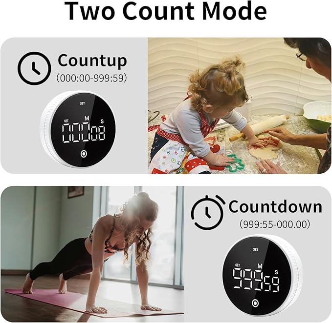 Digital Kitchen Timer with Magnet,Large LED Display Visual Timer with Countdown Countup for Adult & Children，Battery Supply for Classroom Home Gym Office (2 * White)