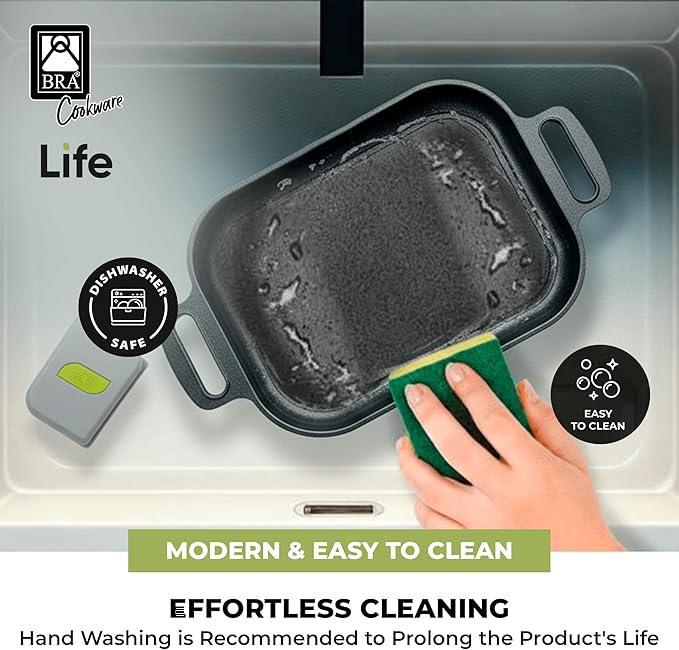 BRA COOKWARE Life Ceramic Nonstick Grill | 12.6 x 9.4 Inch Recycled Cast Aluminum Smooth Plate | Ceramic Non-Stick | Ceramic Non-Stick Coating | PFOA Free | All Cooktops| Removable Handles