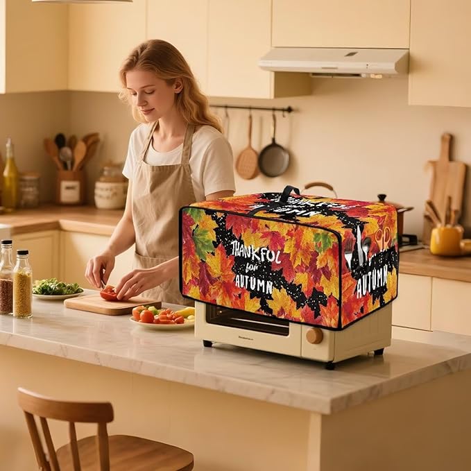 Doojoayie Small Appliance Covers Thankful Autumn Toaster Cover 6 Slice Kitchen Appliance Protector 19.7"x16"x 10" Compatible with Toaster Machine