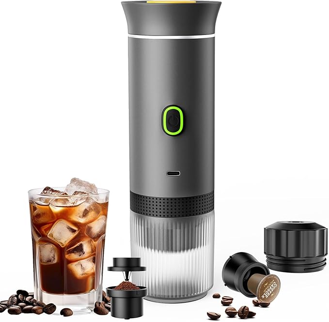 Lmozim Portable Coffee Maker, Espresso Machine for camping, Travel Coffee Maker with USB-C, 3-in-1 Small Espresso Machine with Ground Coffee & Capsules (NS＆DG) for RV, Hiking, Office(Grey)