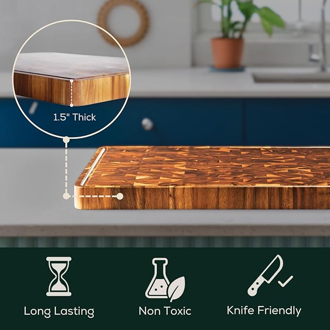 EZ FURNITURE Medium (M) Acacia Wood Premium Cutting & Serving Board, Knife Friendly, Pre-Oiled End Grain with Juice Groove & Handles, Non-Toxic (17"Lx13"Wx1.5"Th)