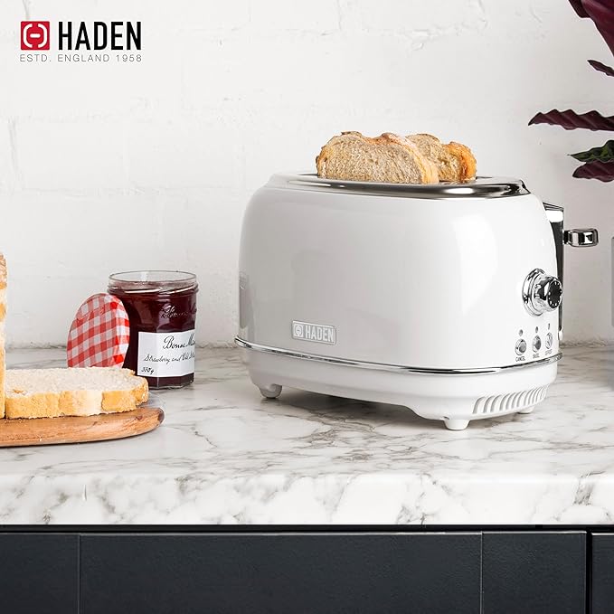 Haden Heritage 2-Slice Wide-Slot Toaster, Stainless-Steel Bread Toaster with Adjustable Browning Control, Non-Slip Feet & Crumb Tray, Ivory & Chrome