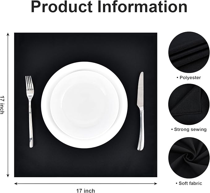 Wolkemer Set of 4 Black Cloth Napkins 17 x 17 Inches Solid Washable Polyester Dinner Napkins with Hemmed Edges for Dinners Parties Weddings Banquets Events Table Decoration