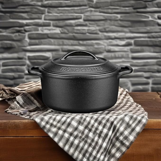 EDGING CASTING Pre-Seasoned Cast Iron Dutch Oven Pot with Lid Dual Handle, Sourdough Bread Baking Pots， Round 5 Quart, Black