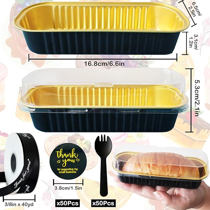 50 Pack Mini Loaf Pans with Lids and Spoons, 6.8 Oz Mini Cake Pans with Lids for Baking,Black Disposable Rectangle Aluminum Foil Loaf Pan with Ribbon Stickers，Small Cake Containers Tin（Black）