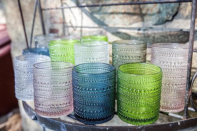 Fortessa Jupiter Beaded Hobnail Glass, 13 Ounce Iced Beverage (Set of 6), Sage Green