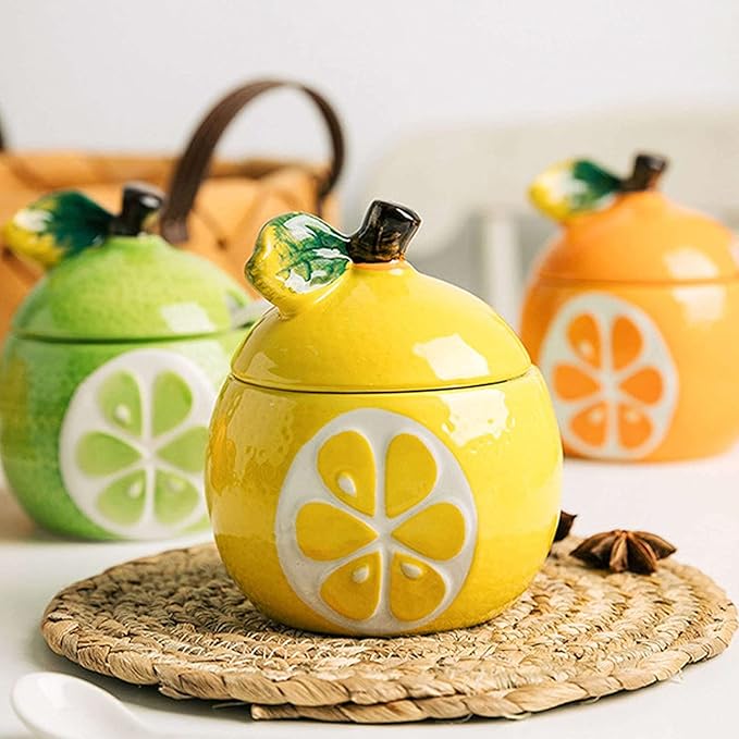 Ceramics Fruit Shaped Sugar Bowl Salt Pot Pepper Storage Jar with Lid and Spoon Seasoning Box Condiment Pots (Yellow Pomelo)