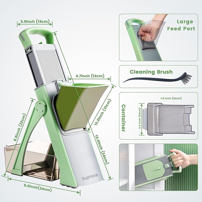 SupMaKin Upgrade Safe Mandoline Slicer Plus, Adjustable Vegetable Chopper Potato Slicer Onion Chopper, French Fries Cutter, Veggie Salad Chopper Kitchen Chopping Artifact (Green)