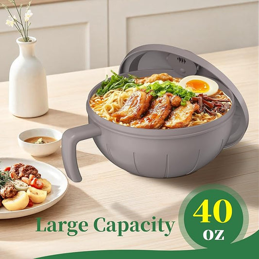 steo spce Large Ramen Bowl Set, 40 Oz Microwaveable Noodle Cooker with Leak-Proof Lids, Chopsticks, Spoon & Fork – Portable and Dishwasher Safe, Ideal for Home, Office, Dorm, or Gift Light (Khaki)