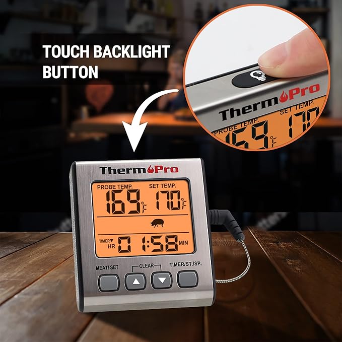 ThermoPro Digital Meat Thermometer for Cooking and Grilling, BBQ Food Thermometer with Backlight and Kitchen Timer, Grill Temperature Probe Thermometer for Smoker, Barbecue, Oven, Baking,Oil