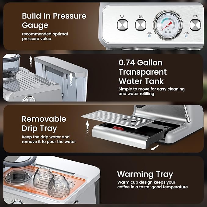 Electactic 20 Bar Espresso Machine with Grinder & Milk Frother Steam Wand, 58mm Stainless Steel Coffee Maker, Expresso Coffee machines for Home and Café Use, Perfect for Cappuccino and Latte