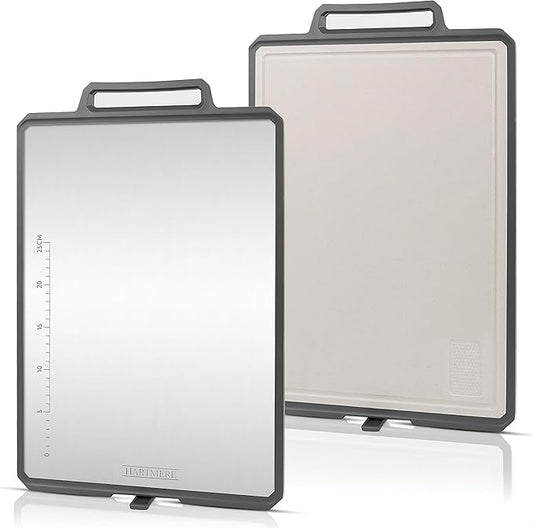 Extra-Large Cutting Board 19"x12.6" – Dual-Sided 304 Stainless Steel & Wheat Straw PP, Reversible Design with Juice Groove, Dishwasher Safe, Built-in Handle, Designed for Meat, Fruit, & Vegetable Prep