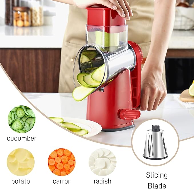 Rotary Cheese Grater with 4 Blades, Large Hand Crank Cheese Grater with Waffle Slicer, Black and White Cheese Slicer with Suction Base, Easier for Shredding& Grating (red, 4 Graters)