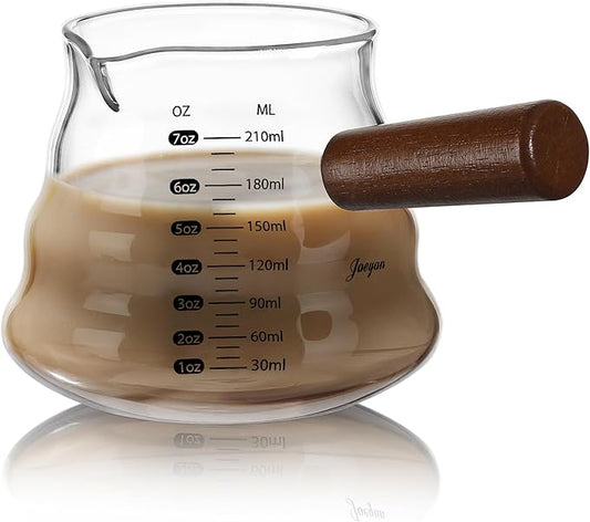 Joeyan 7 oz Glass Measuring Cup, Espresso Shot Glasses with Spout and Wooden Handle, Clear Milk Frothing Pitcher, Wave Shaped Borosilicate Espresso Bar Accessories for Coffee