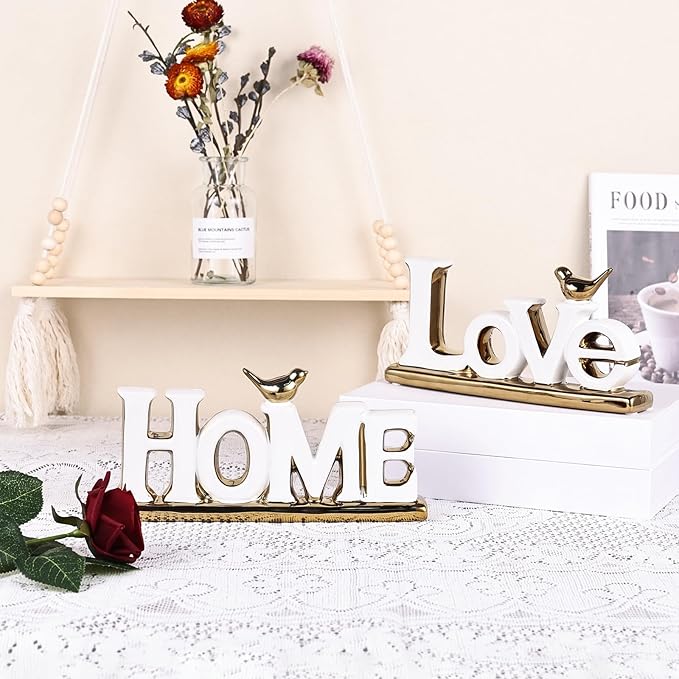 Love Sign Decor,White and Gold Room Decor Aesthetic, Knick Knack Shelf,Gold Bird Decor, Boho Bookshelf ,Abstract Gold Statue ,For Living Room,Bedroom, Contemporary Tv Stand set of 2 (2, White)