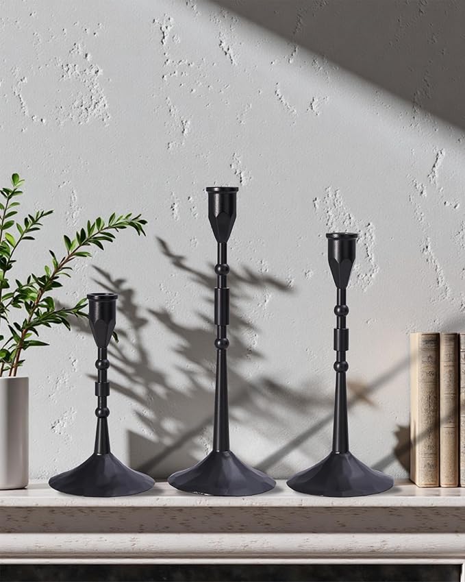 Vintage Taper Candle Holders Set | Handmade 3-Piece Candlestick Decor for Table Centerpiece, Farmhouse Kitchen & Party Lighting (Black)