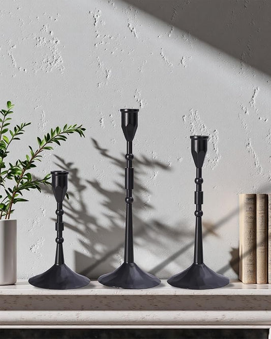 Vintage Taper Candle Holders Set | Handmade 3-Piece Candlestick Decor for Table Centerpiece, Farmhouse Kitchen & Party Lighting (Black)
